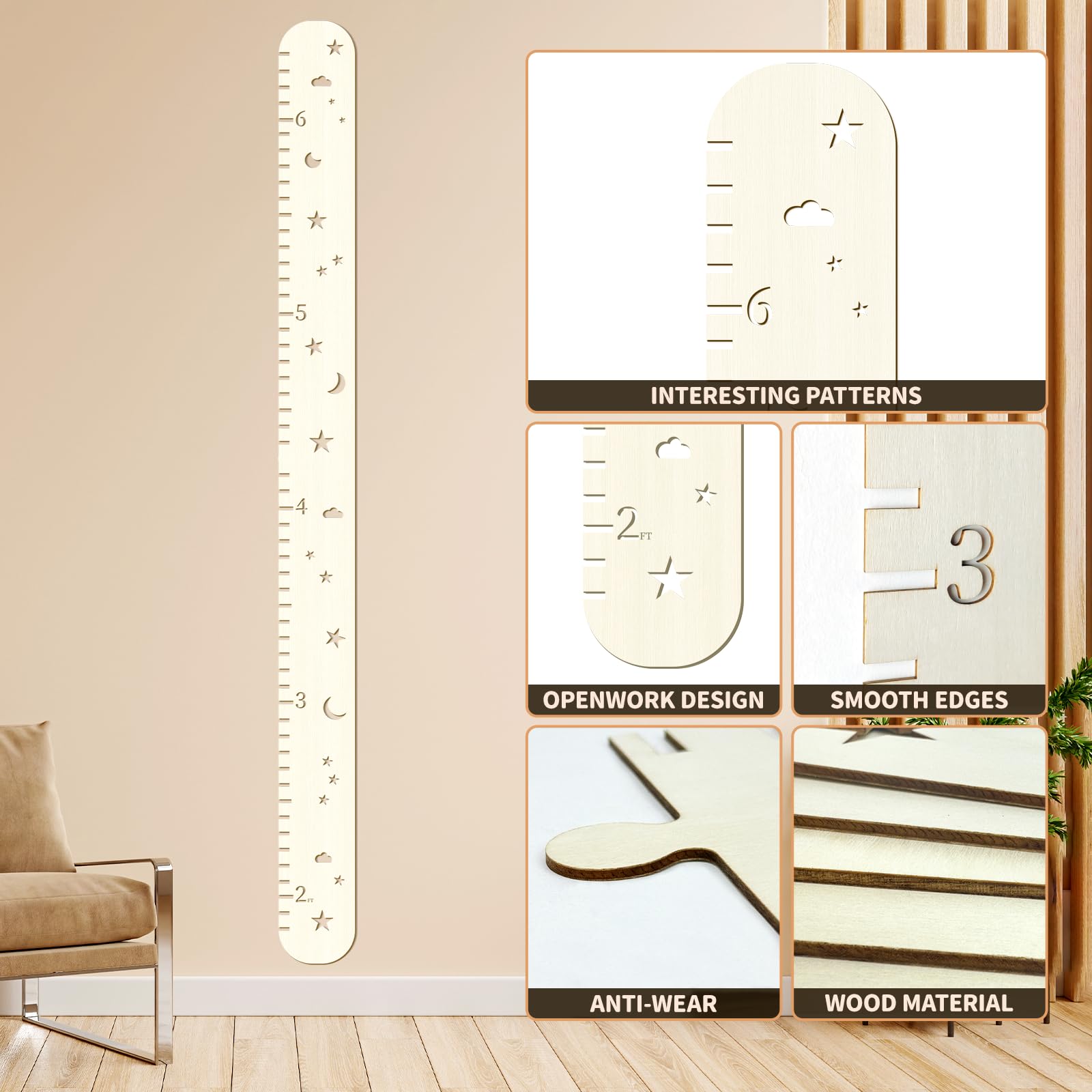 Soleim measuring board uses wood material for sturdy height tracking.
