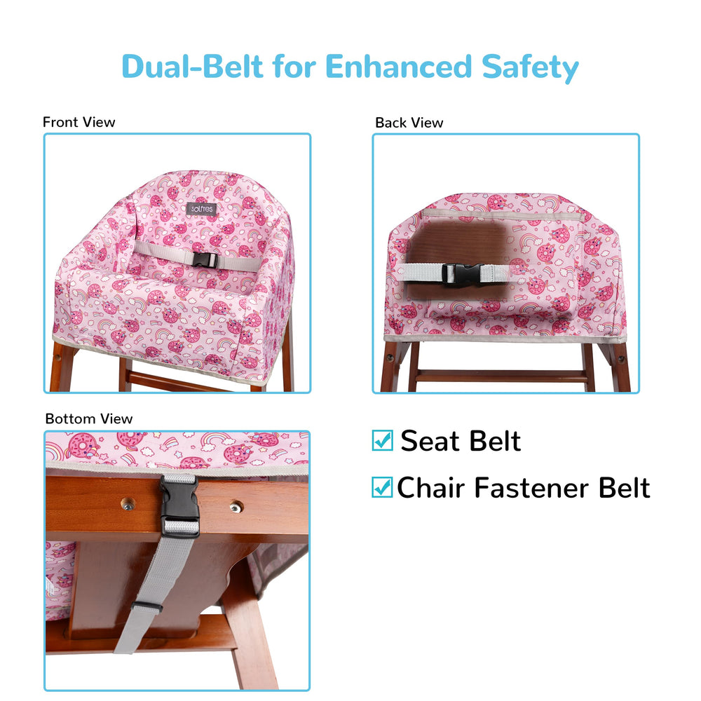 Solfres Dual-Belt High Chair Cover back strap secures the seat firmly.