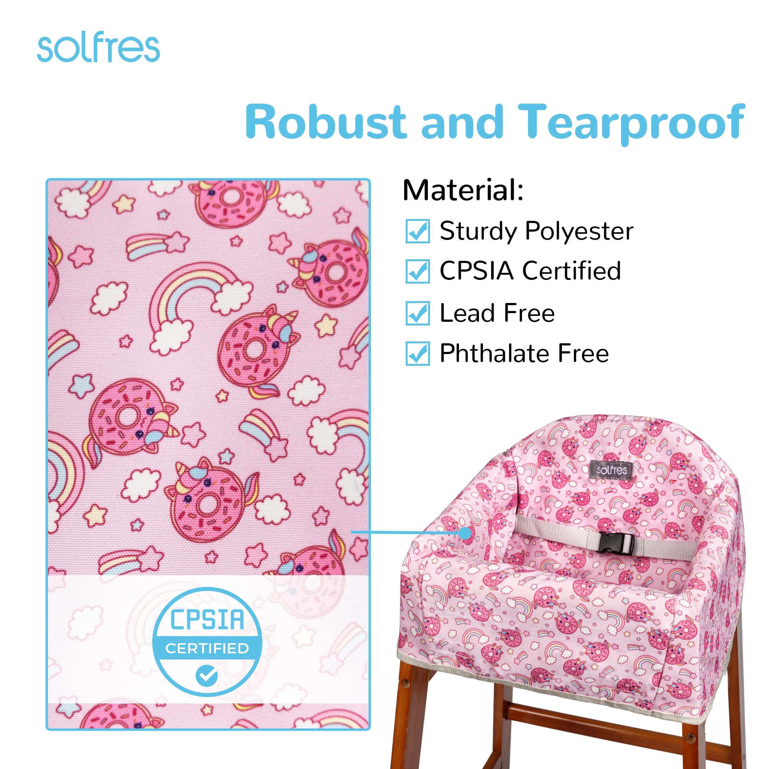 Solfres Dual-Belt High Chair Cover protects against spills and dirt.