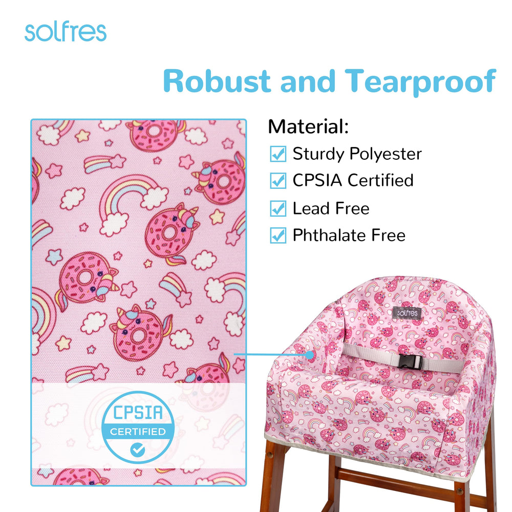 Solfres Dual-Belt High Chair Cover protects against spills and dirt.