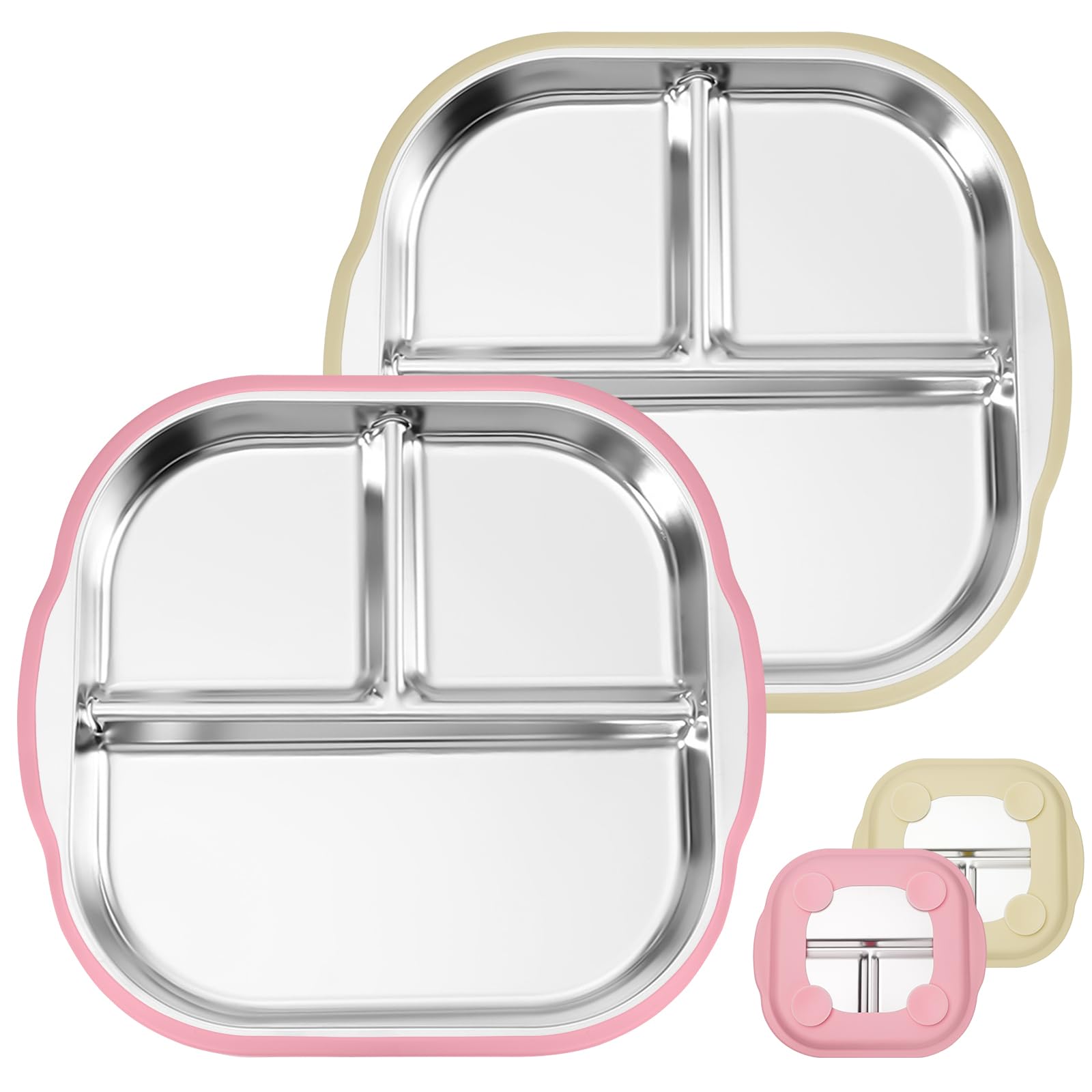 Solldgt stainless steel kids plates with suction base in pink and beige for mess-free meals