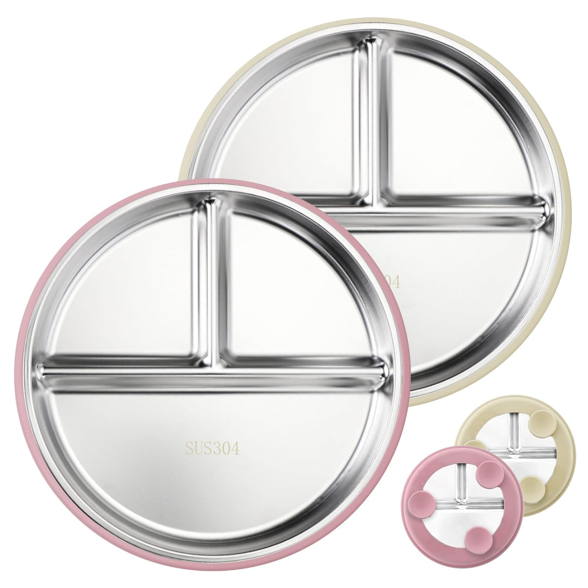 Solldgt stainless-steel plates with suction base secure on a tray for mess-free meals