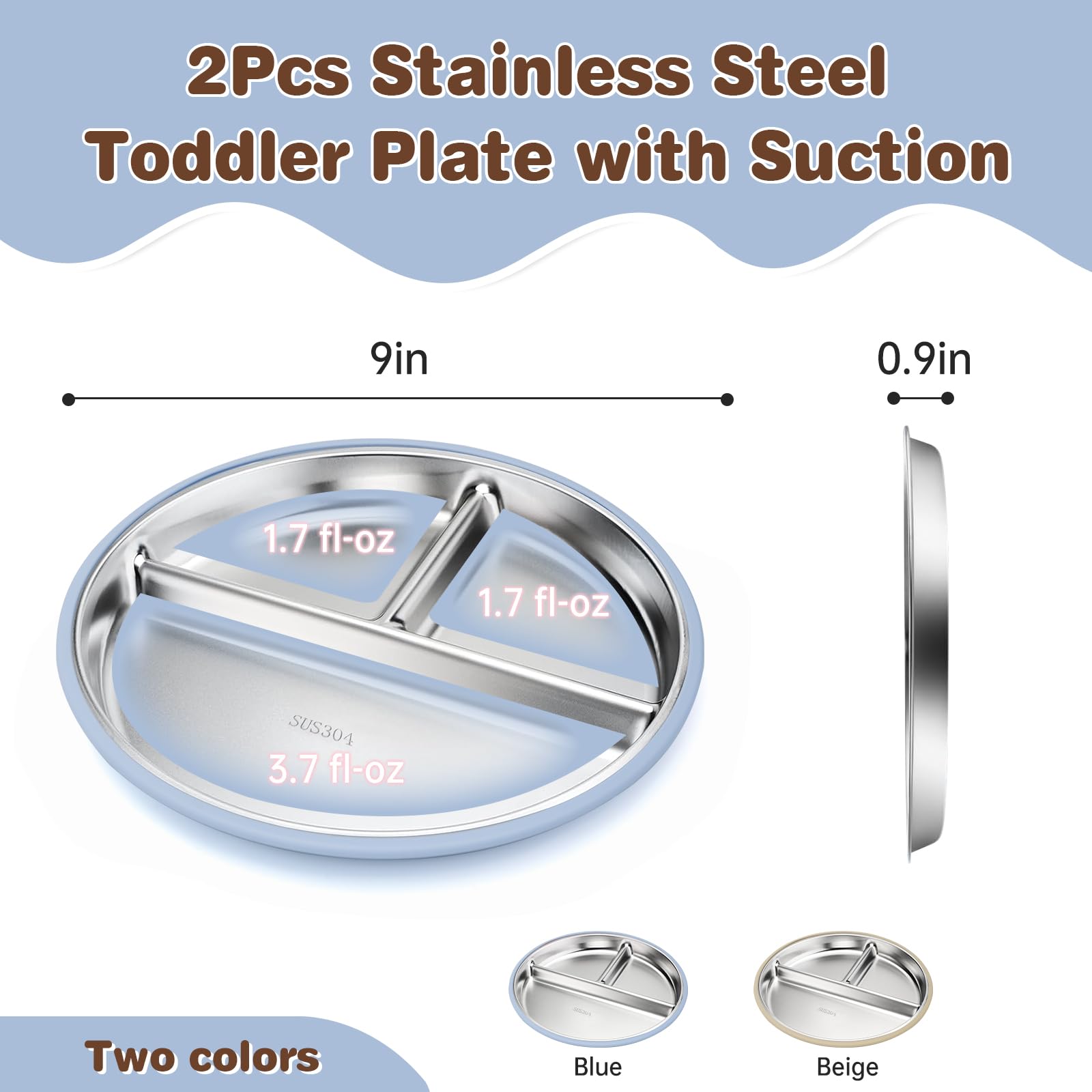 Solldgt stainless steel kids plate with beige suction base promotes stable dining.