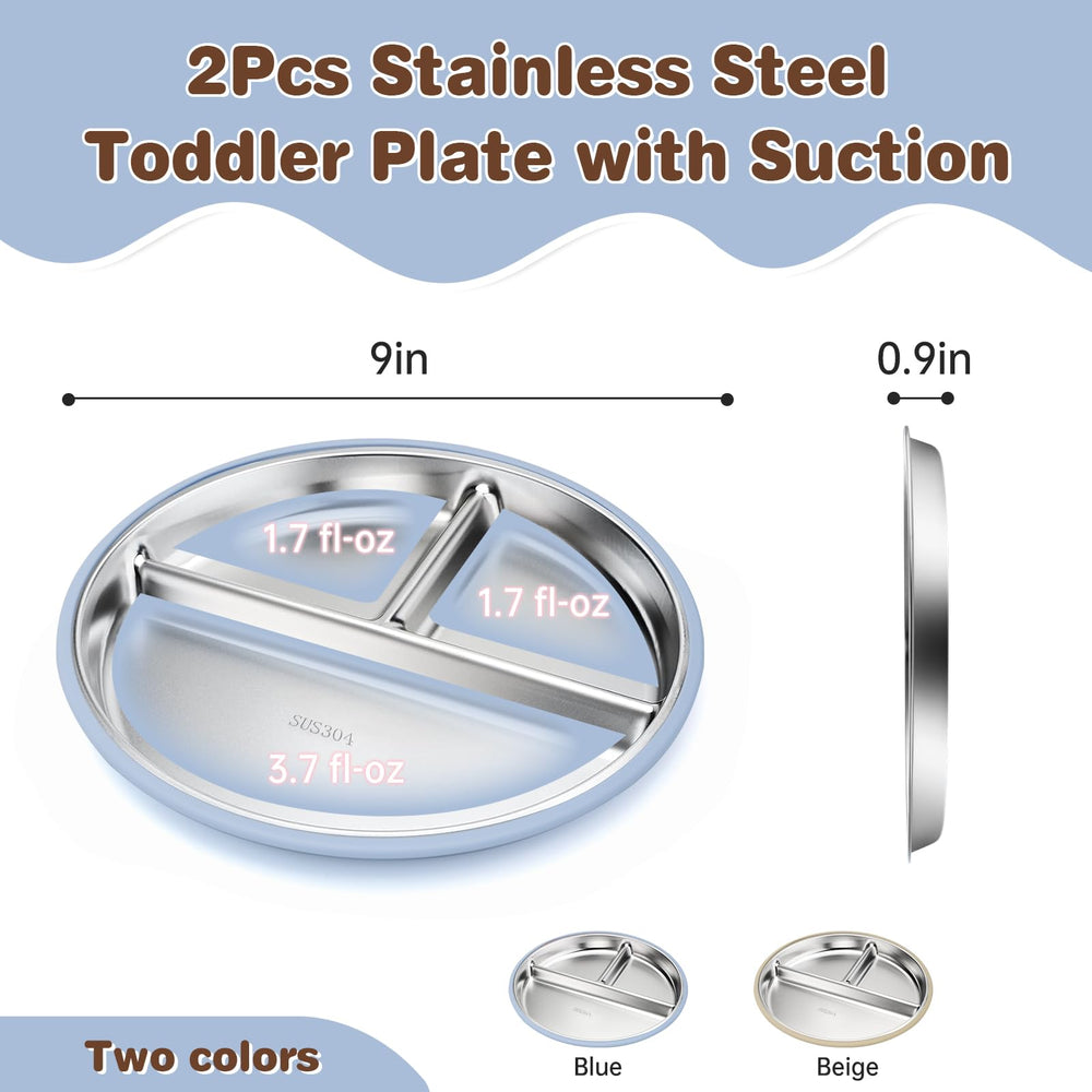 Solldgt stainless steel kids plate with beige suction base promotes stable dining.