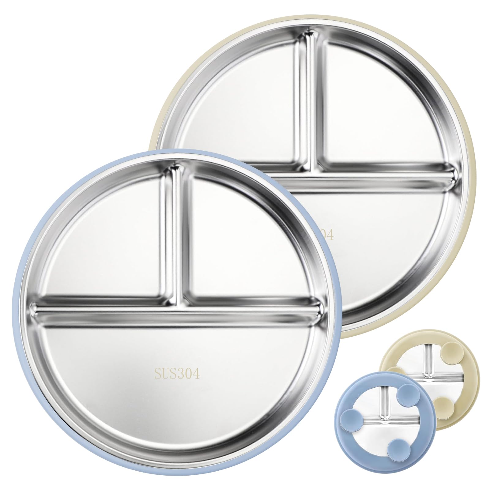 Solldgt stainless steel kids plate with blue suction base for mess-free meals.