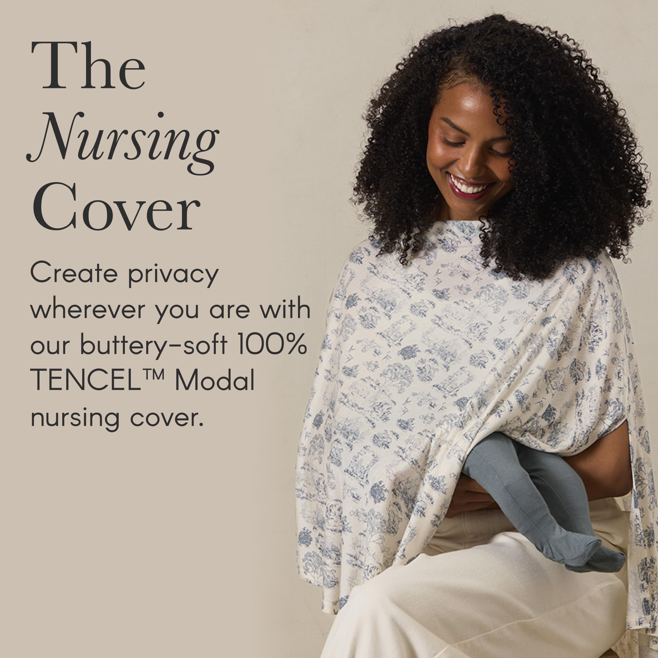 Solly Baby nursing cover flax worn over shoulder demonstrates versatile privacy during feeding