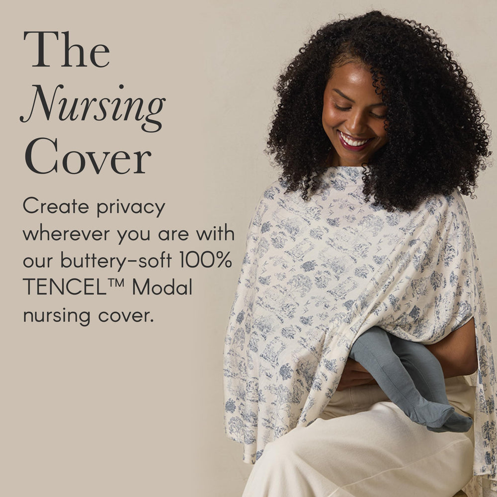 Solly Baby nursing cover flax worn over shoulder demonstrates versatile privacy during feeding