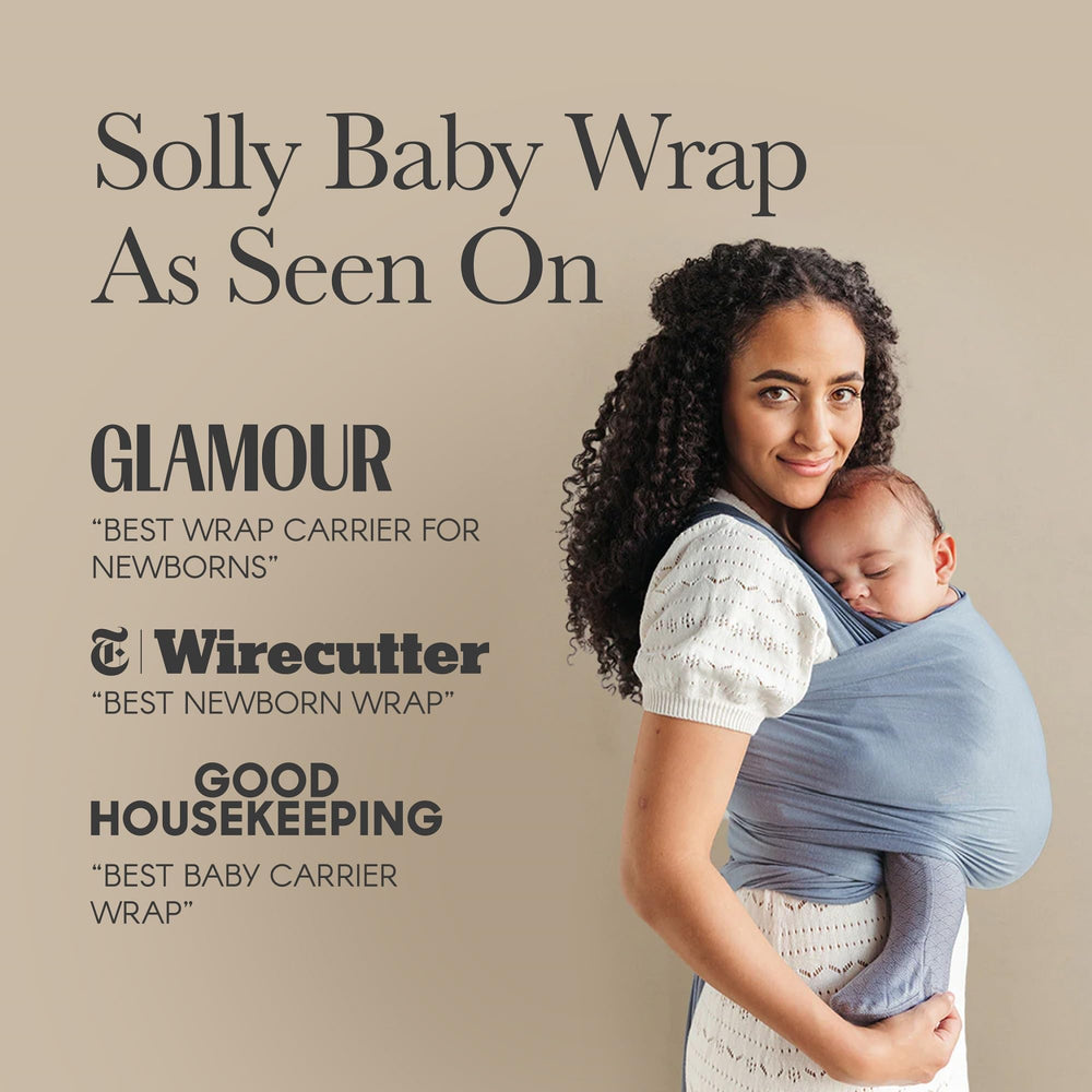 Solly Baby wrap close-to-heart cuddle image highlighting soothing bonding during daily tasks.