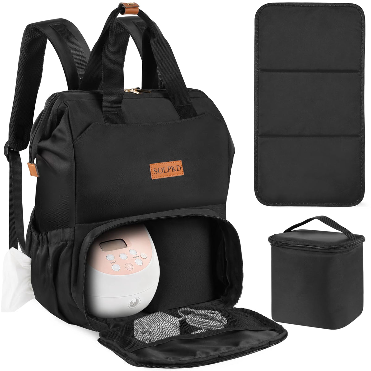 SOLPKD breast pump bag front view showing ample storage for pumps and bottles.