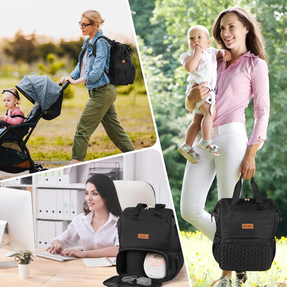 SOLPKD multi-function backpack stores pumps and newborn necessities.