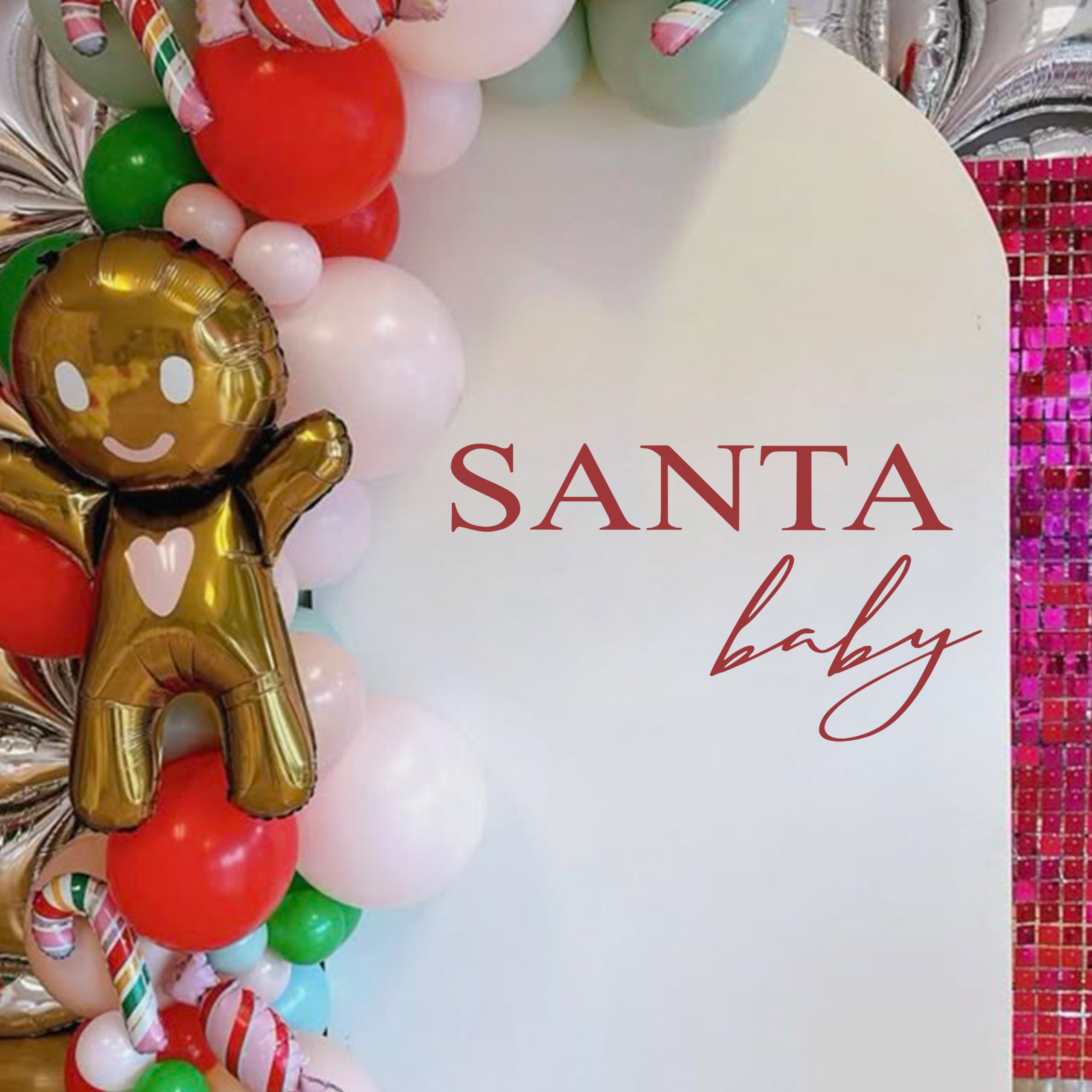 SOLUXIKA Santa Baby decal enhances balloon arches with a warm burgundy Santa theme.
