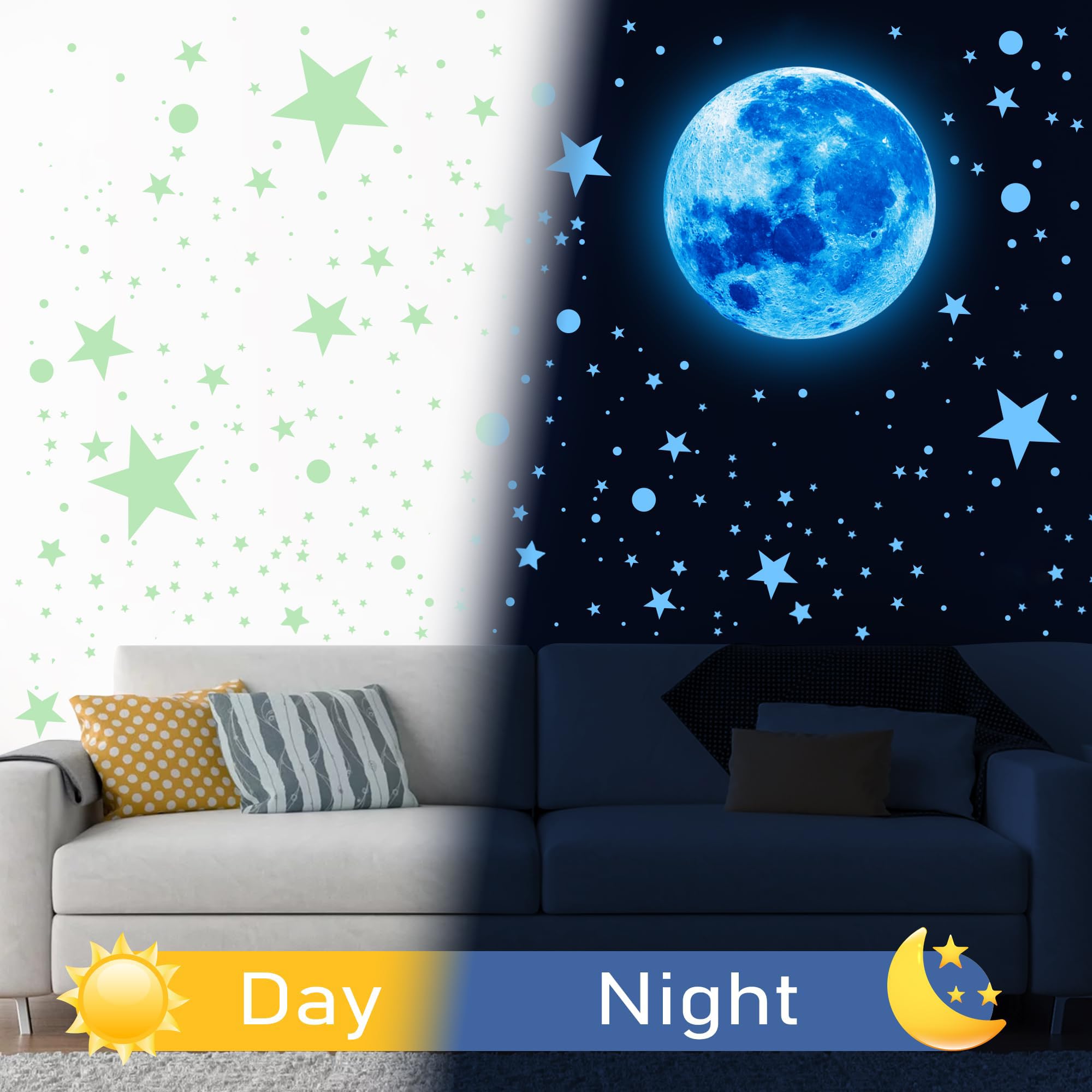 Sondeng glow stars closeup highlights easy peel and stick installation.