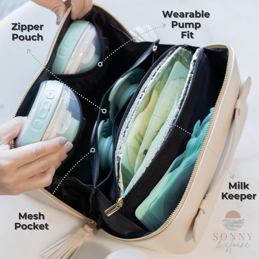 Sonny & Sloane bag cooler compartment open, keeping milk cool on the go.