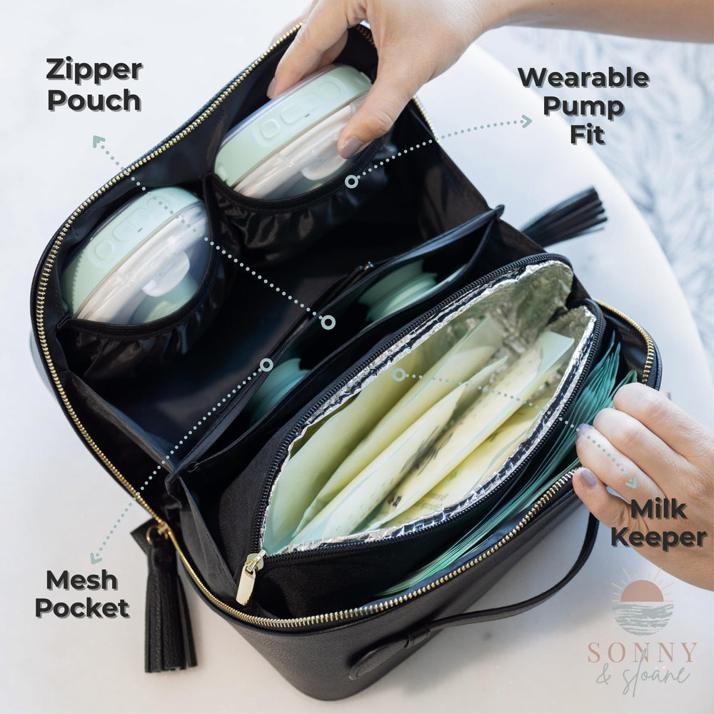 Sonny & Sloane travel-ready breast pump bag shown with compact design for on-the-go moms.