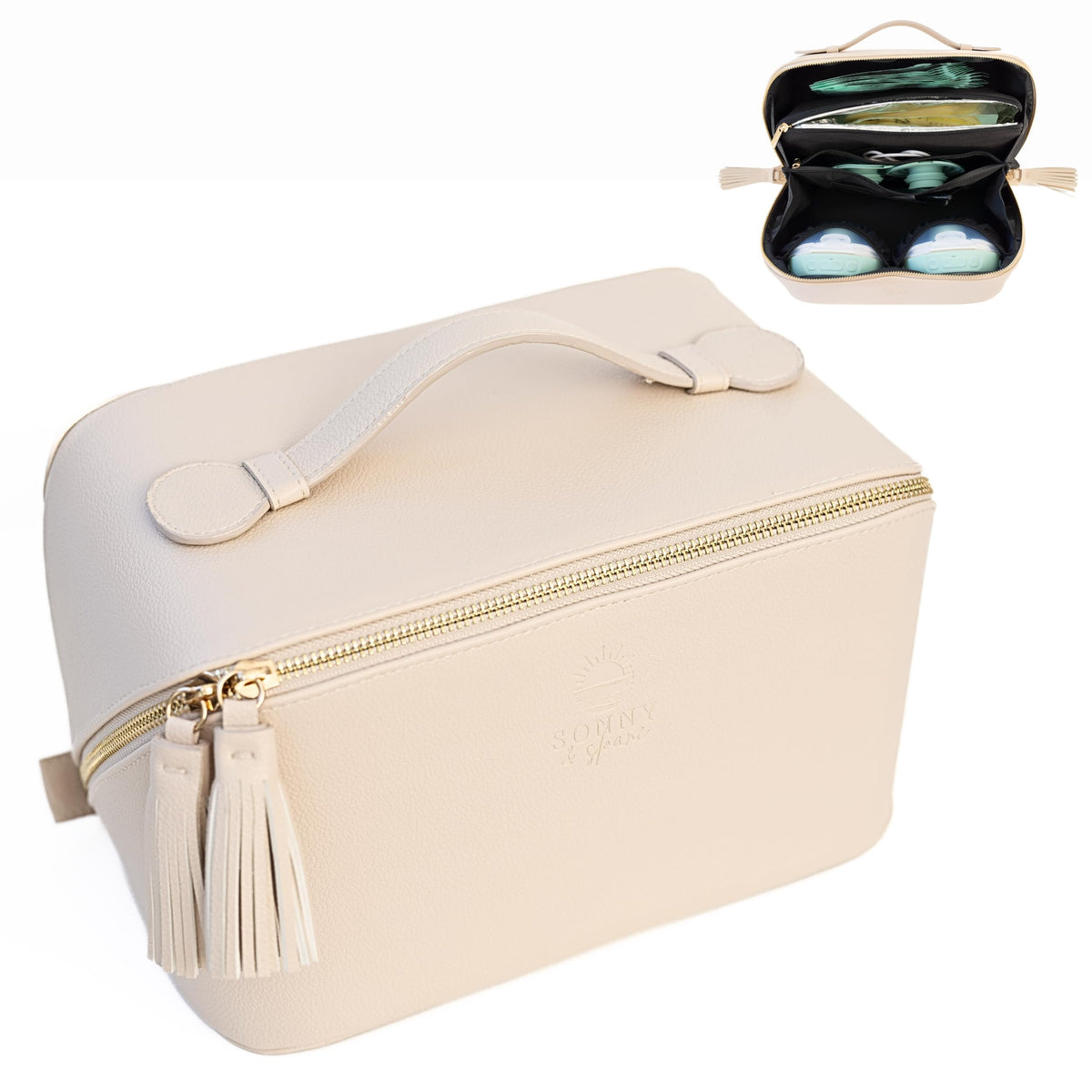 Sonny & Sloane wearable breast pump bag front view for stylish, portable pumping.