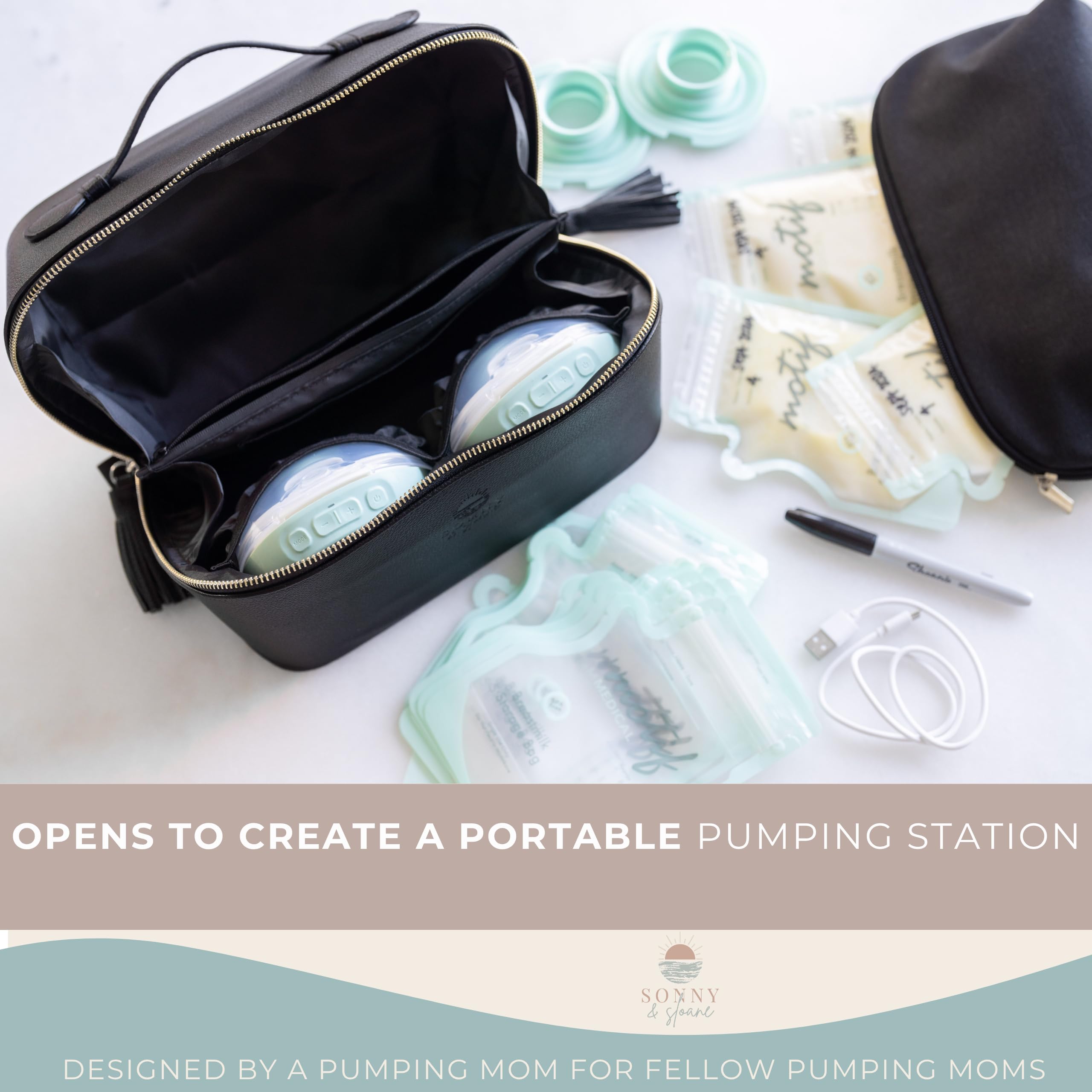 Sonny & Sloane bag compatible with Willow, Elvie, and Momcozy for versatile pumping.