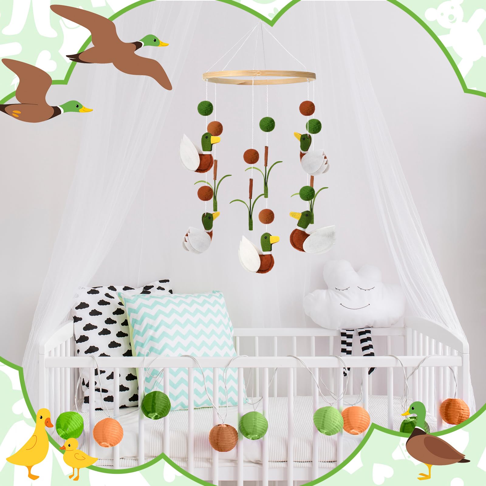 Sonwyoung mallard duck mobile green brown color scheme complements nursery decor