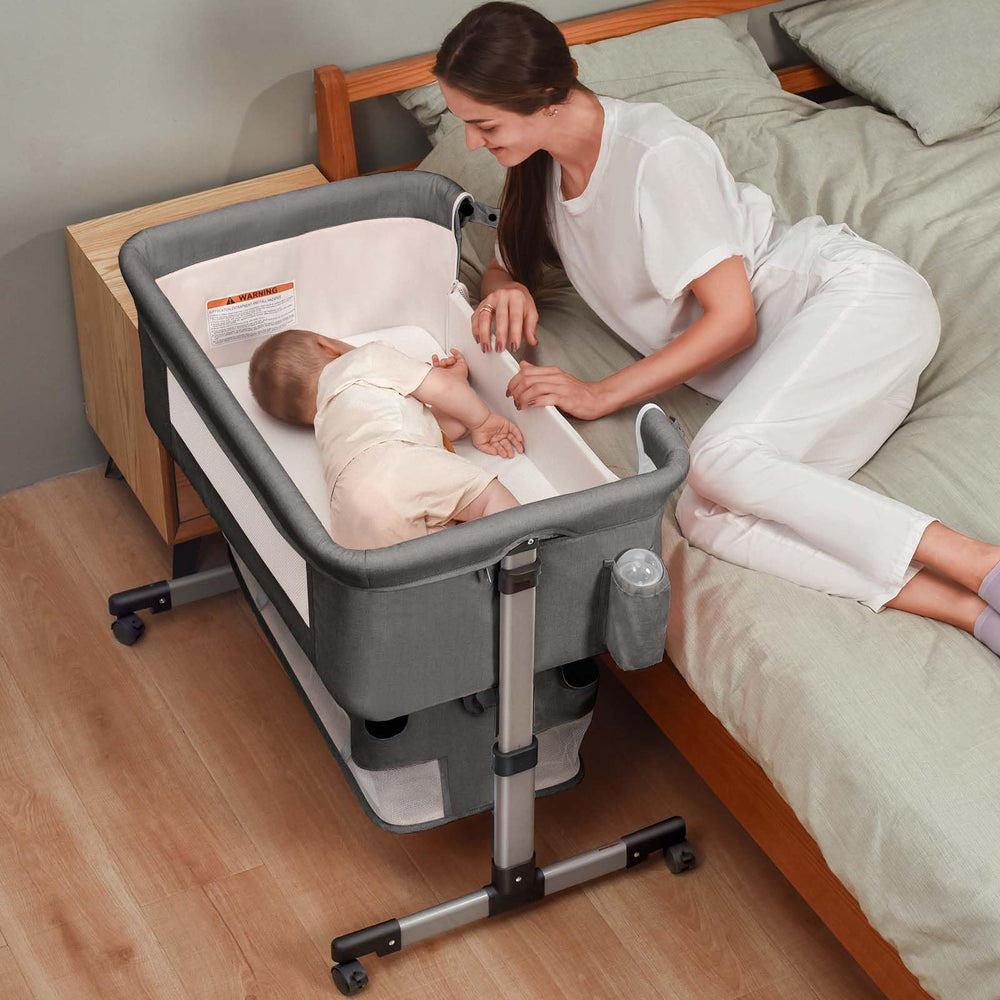 Soobaby bedside crib frame demonstrates sturdy construction for safe, close sleep beside mom or dad.