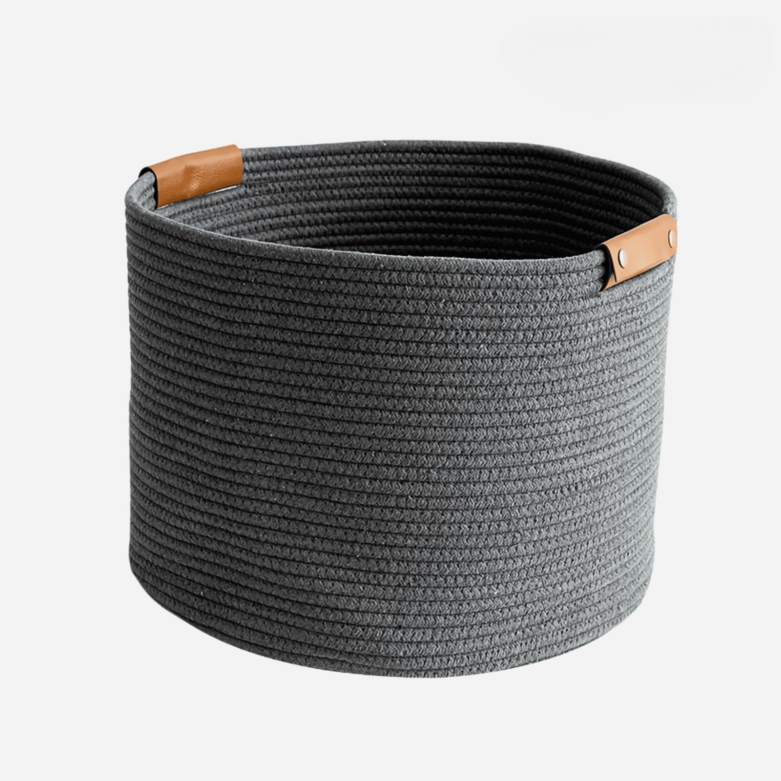 Soorxiein large cotton woven basket black front view with sturdy PU leather handles for storage.