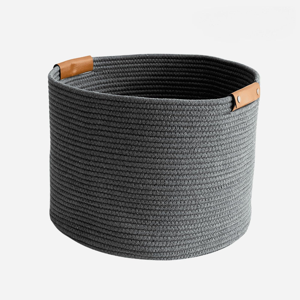 Soorxiein large cotton woven basket black front view with sturdy PU leather handles for storage.