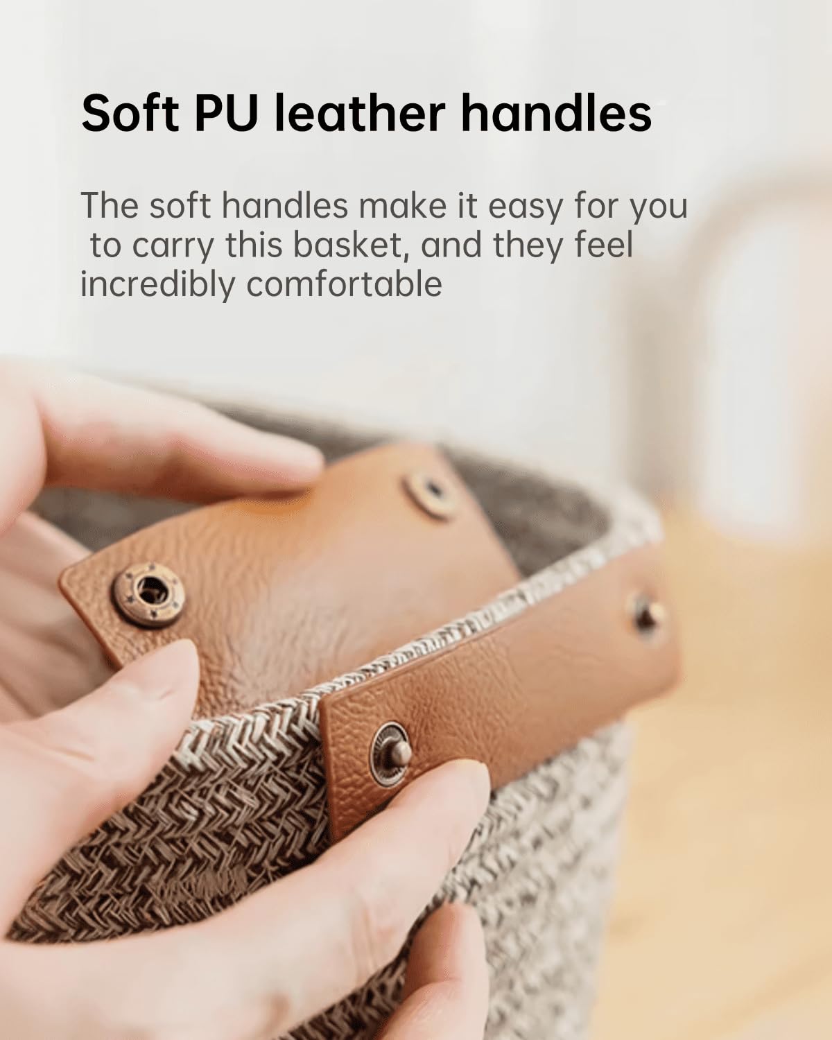SOORXIEIN basket handle closeup showing PU leather strap and reinforced durability