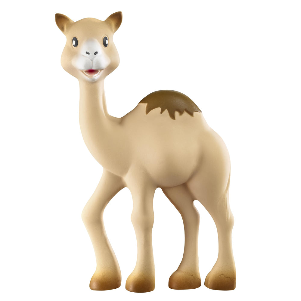 Sophie la girafe al-thir camel teether chew-action demonstrates teething comfort possibilities.