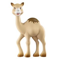 Sophie la girafe al-thir camel teether chew-action demonstrates teething comfort possibilities.