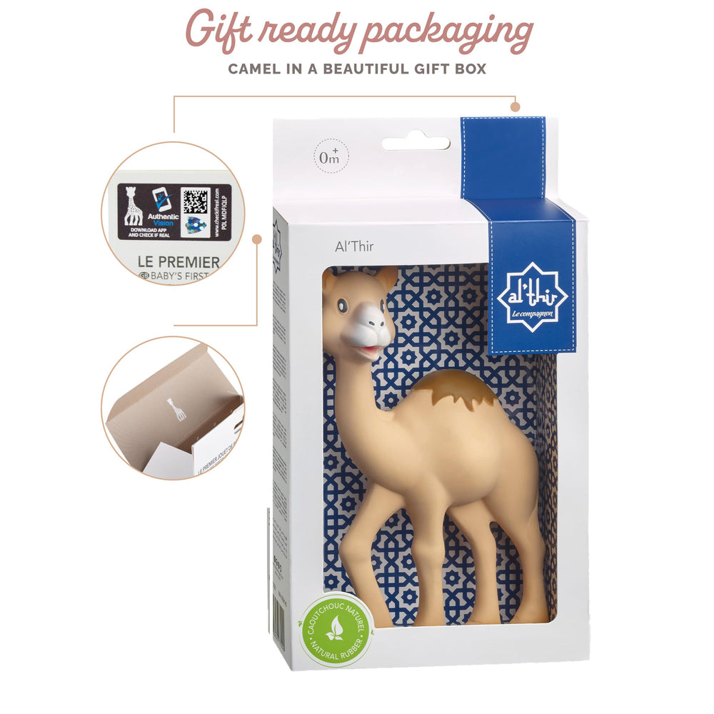 Sophie la girafe al-thir camel teether cleaning demonstrates easy soap-and-wipe maintenance.
