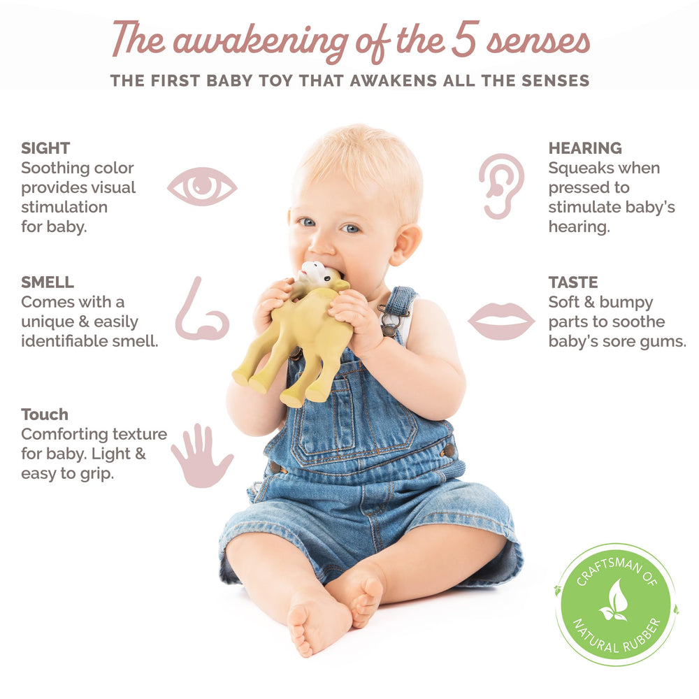 Sophie la girafe al-thir camel teether side view highlights easy grasp design.