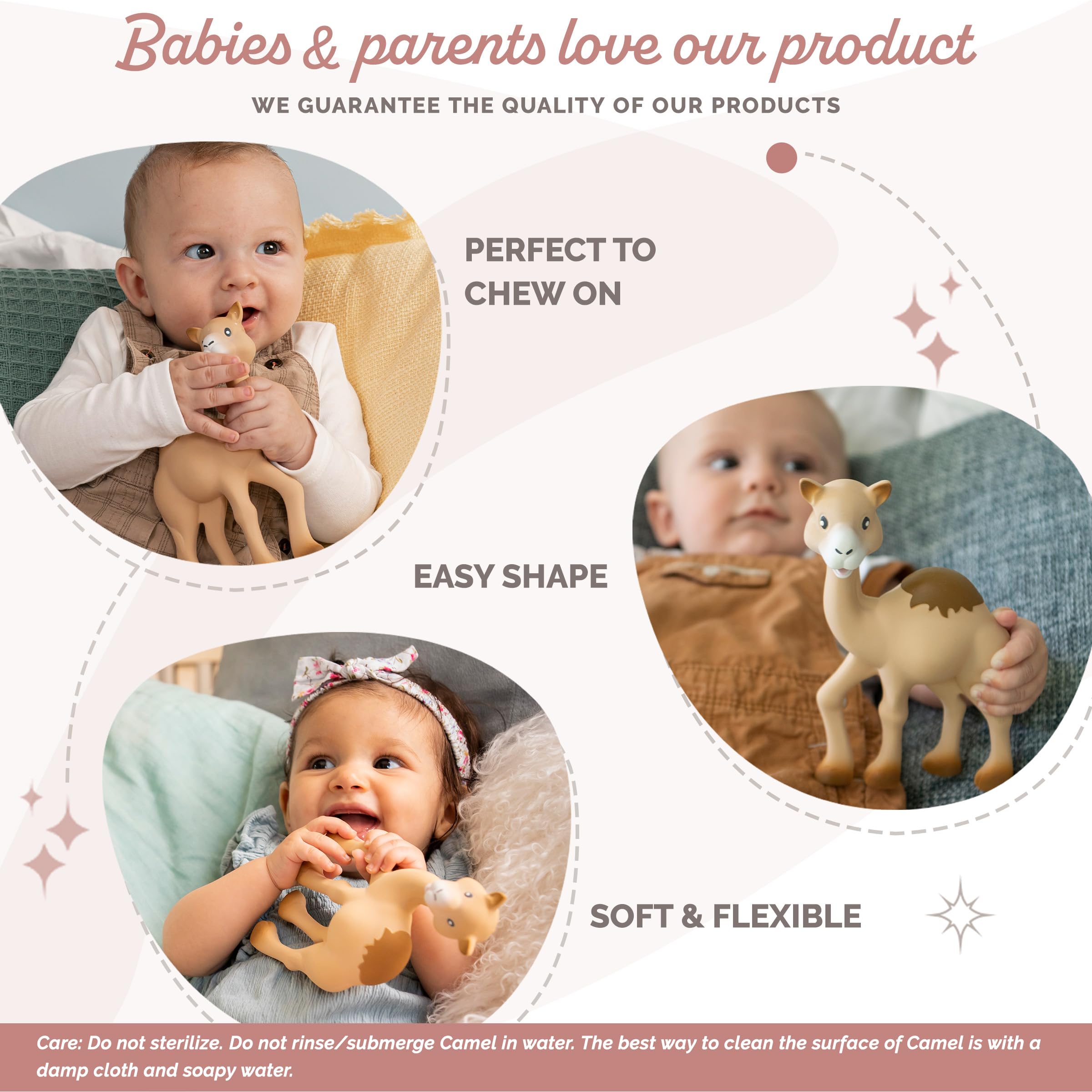 Sophie la girafe al-thir camel teether squeak engages baby's hearing during play.