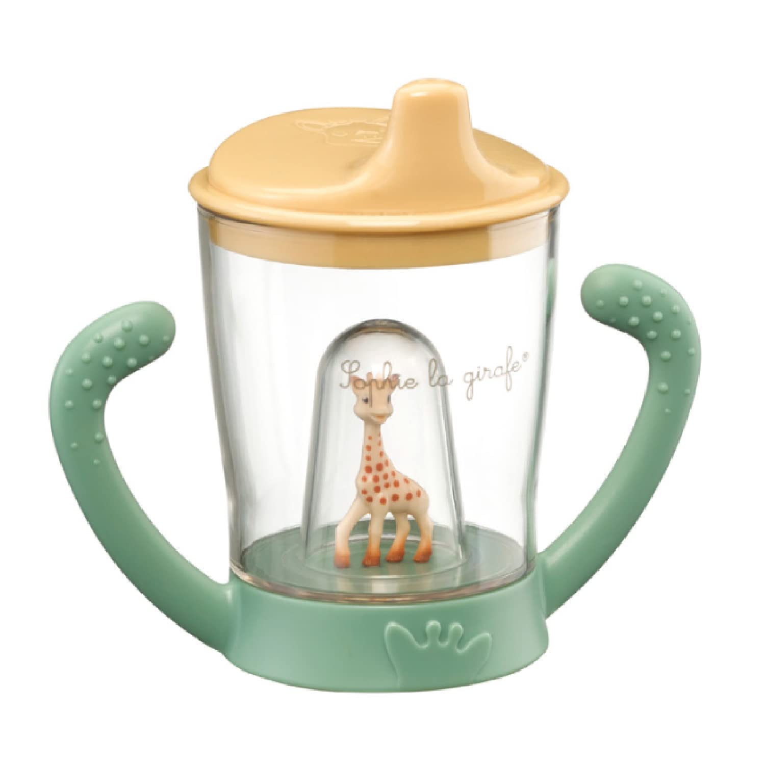Sophie la girafe anti-leak mascot cup with handles for easy grip and spill-free drinking.