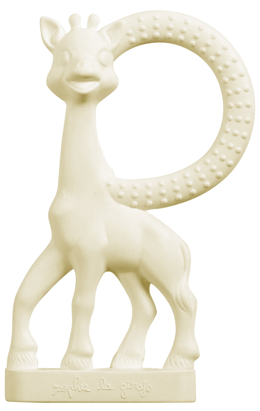 Sophie la girafe squeaker feature demonstrated with squeeze for playful sound