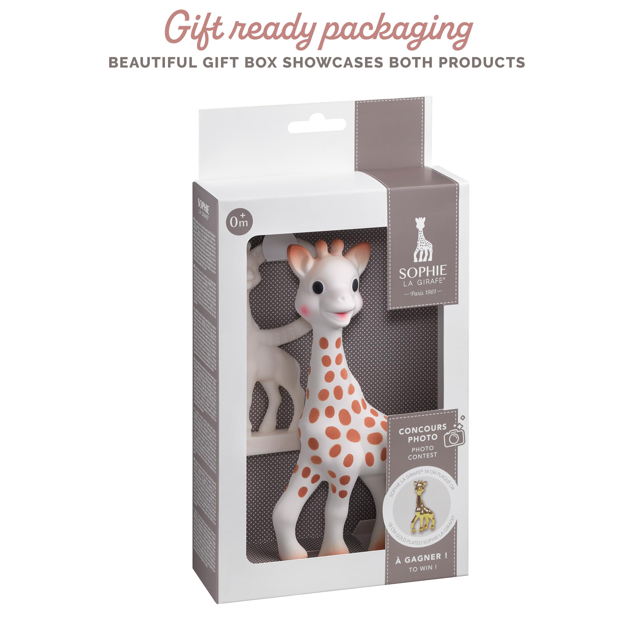 Sophie la girafe booklet visible, inviting discovery of more Sophie products