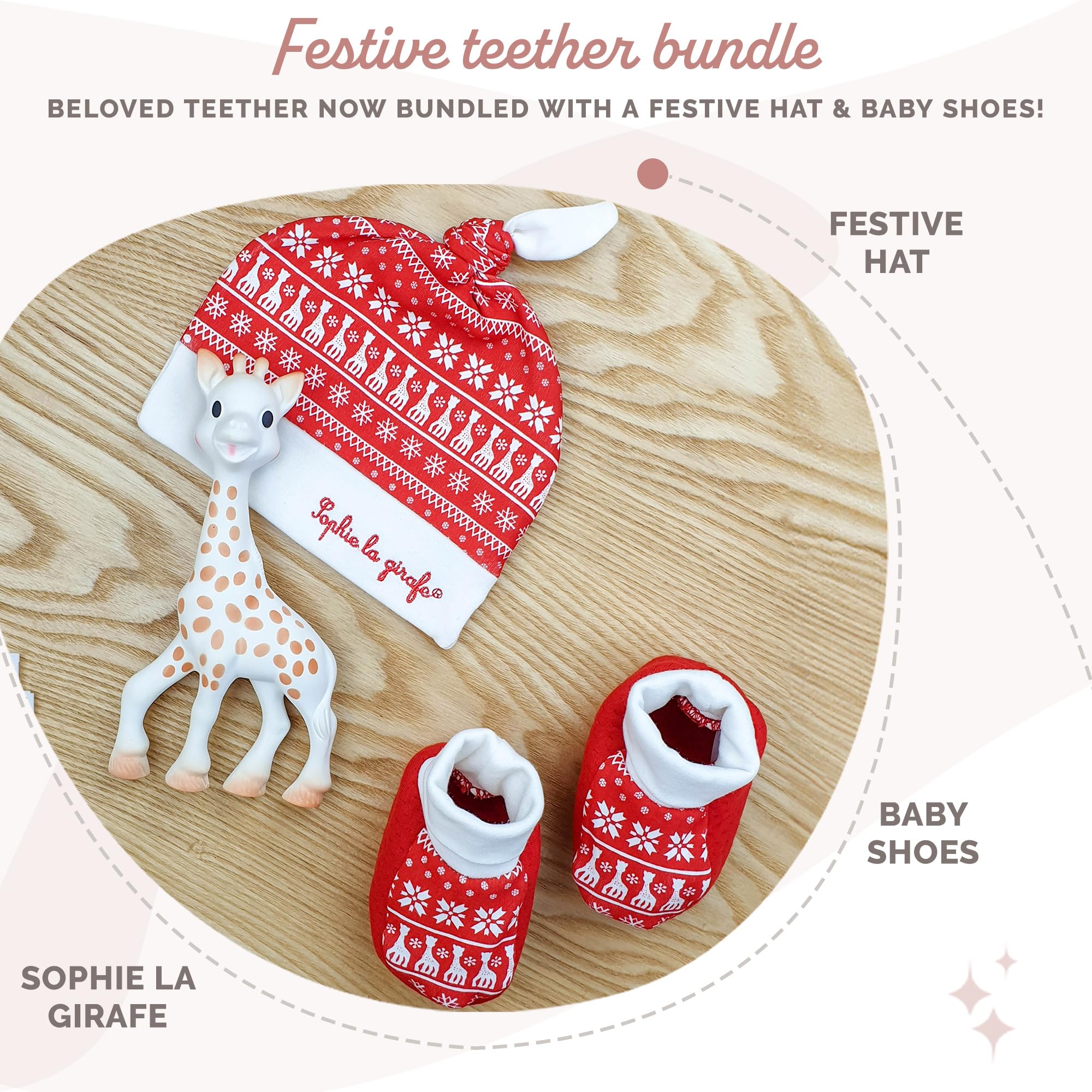 Sophie la girafe Christmas cap worn by baby for winter warmth.