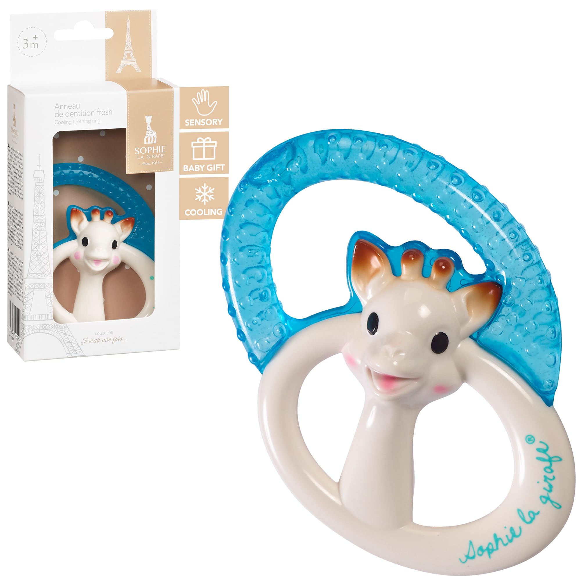 Sophie la girafe cooling teething ring shown ready for fridge cooling for soothing gums