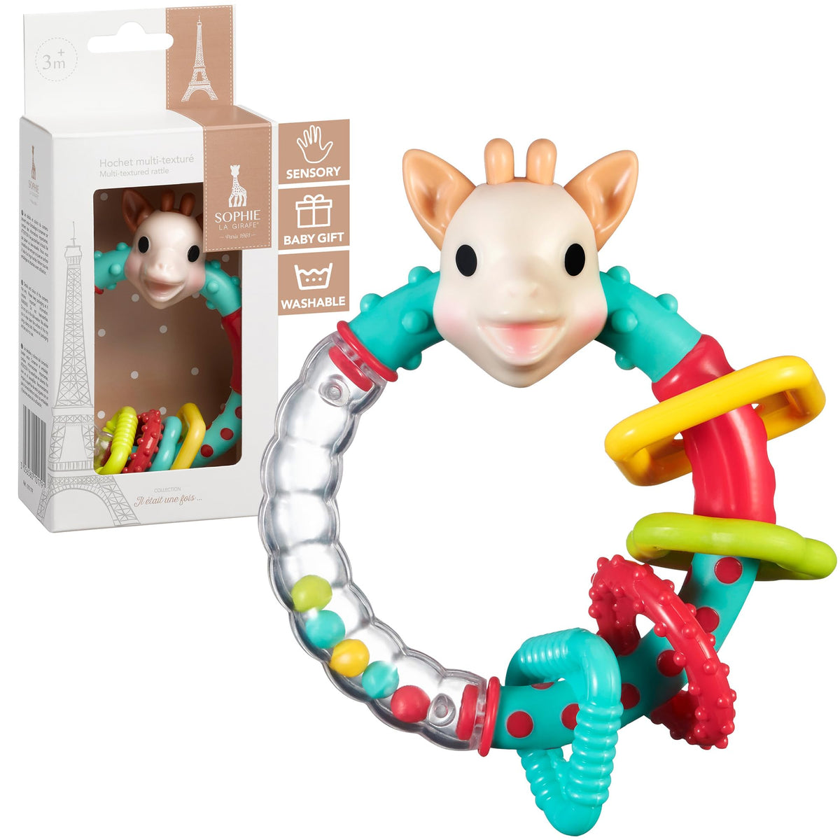 Sophie la girafe Multi-Textured Rattle circle grip supports easy grasp during sensory play.