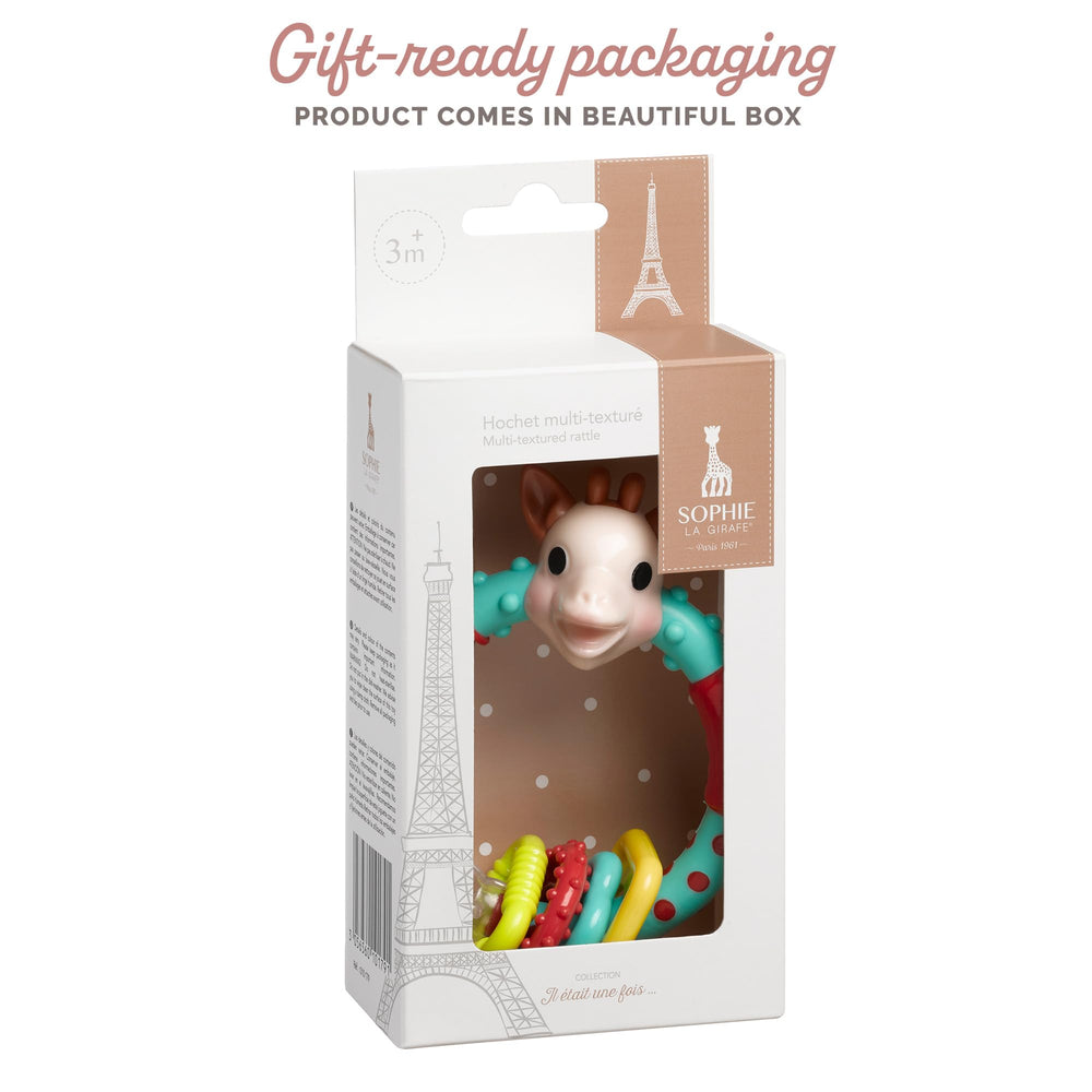 Sophie la girafe Multi-Textured Rattle soft texture supports gentle handling.