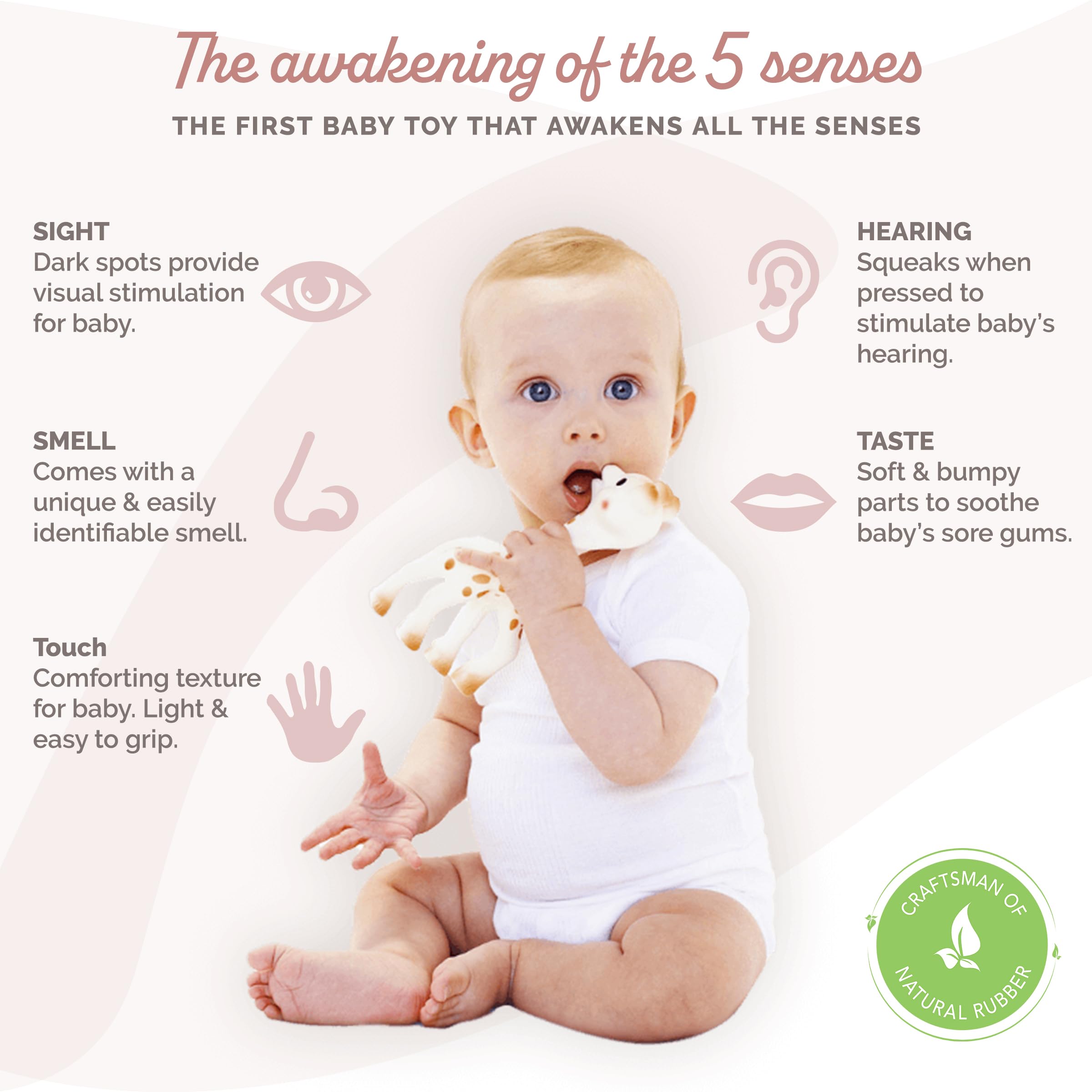 Sophie la girafe natural rubber teether image emphasizes safe teething relief.