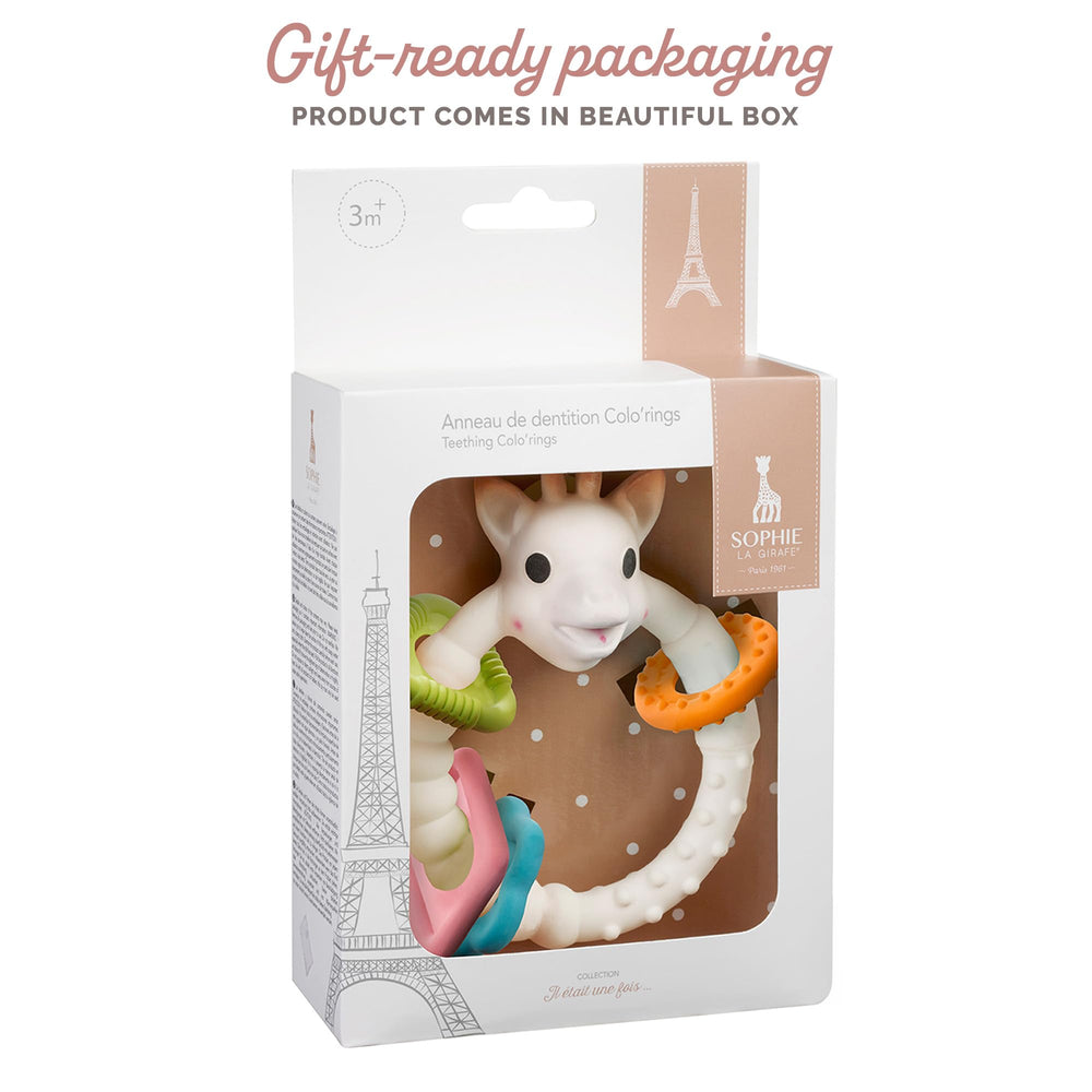 Sophie la girafe teething colorings fits small hands, supporting curious, tactile development