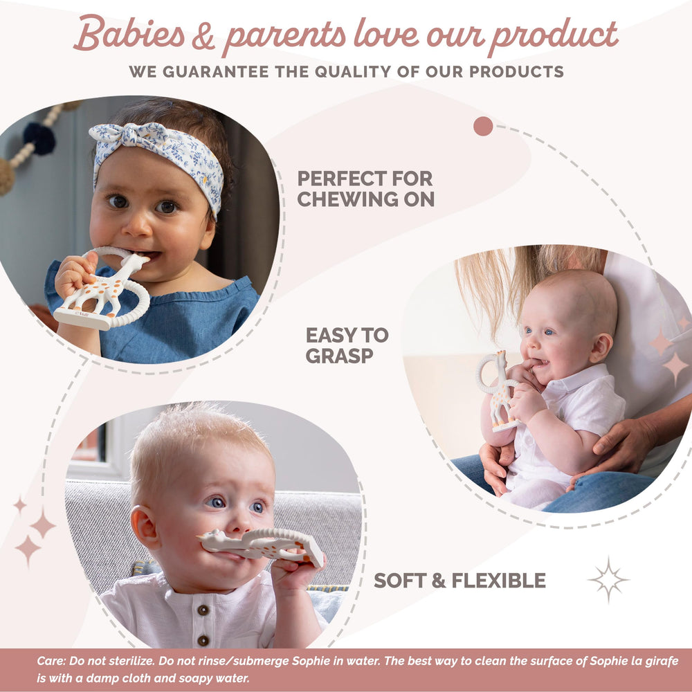 Sophie la girafe teething ring soft flexible body for gentle chewing.