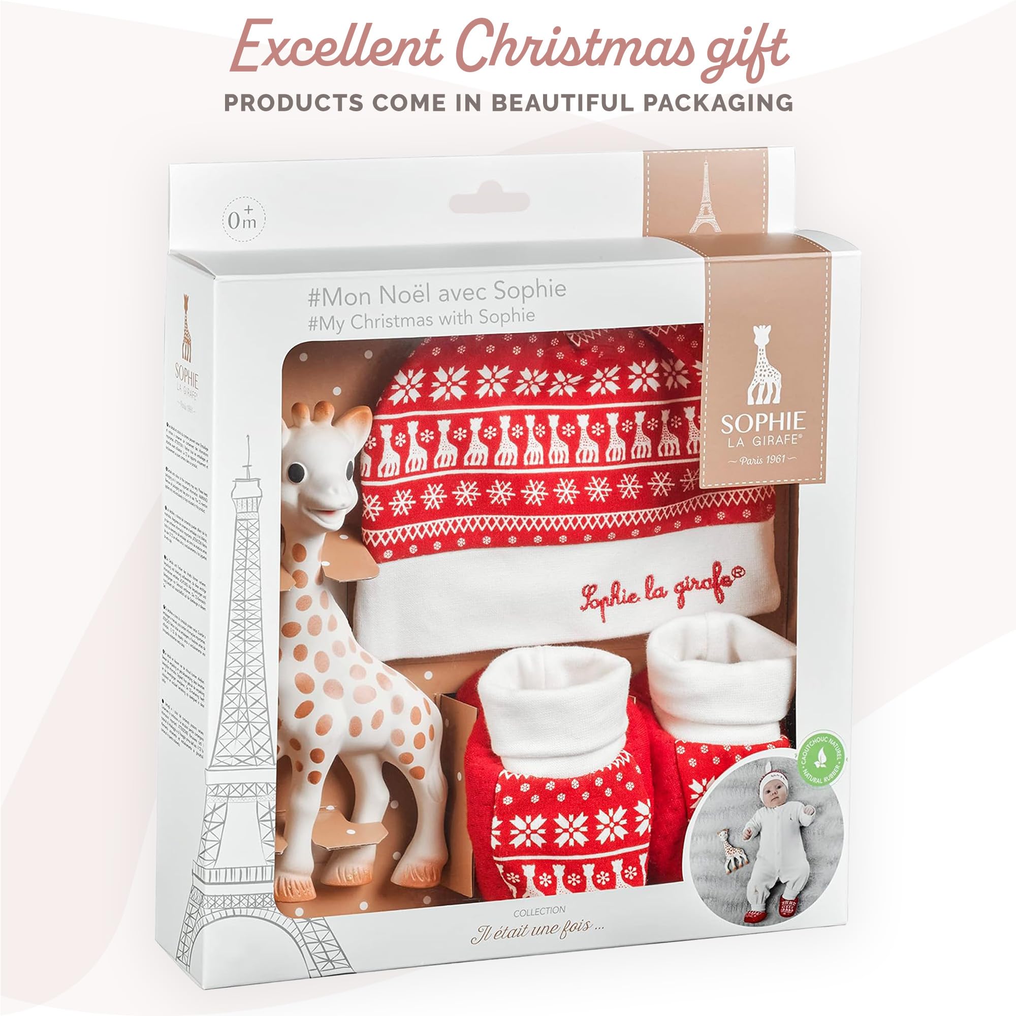 Sophie la girafe winter gift set assembled with cap and socks.