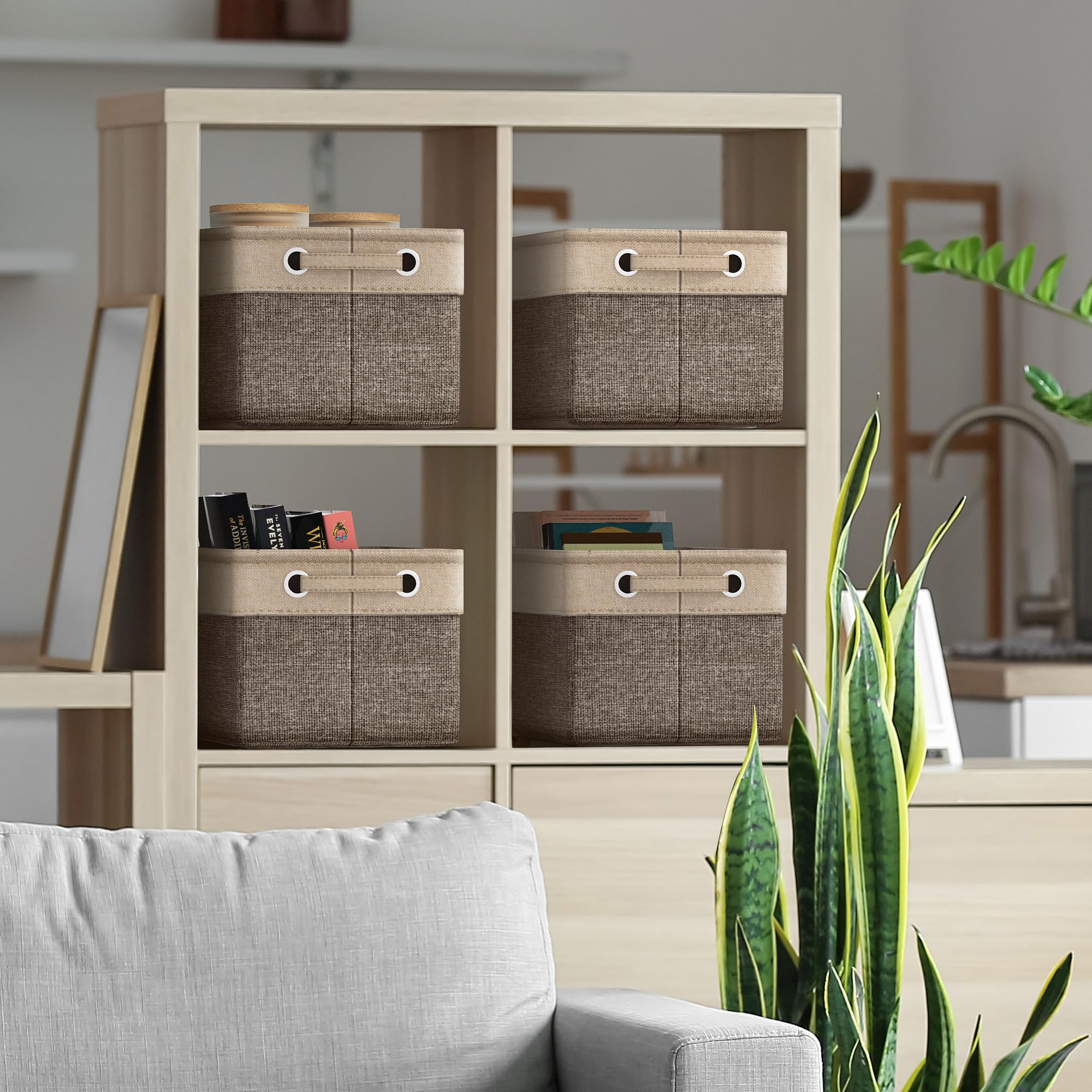 Sorbus collapsible bin with linen interior keeps textiles neatly stored.