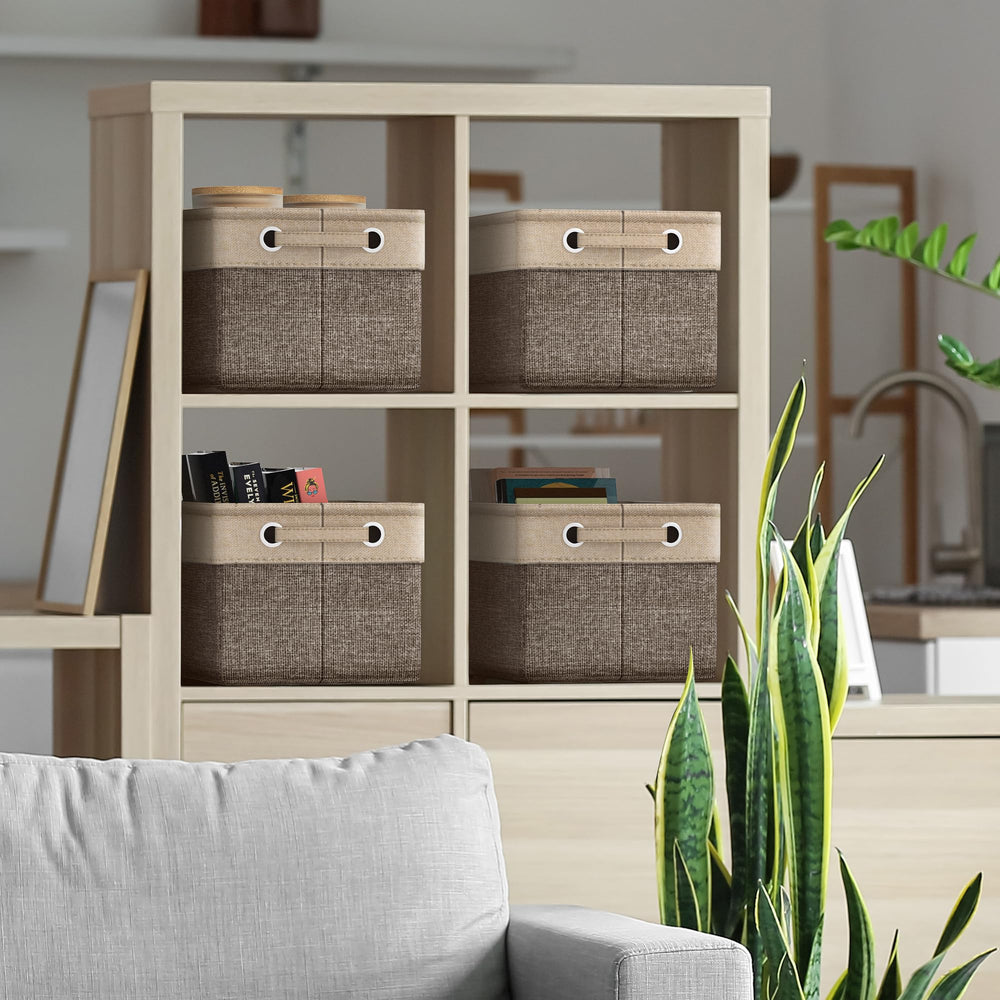 Sorbus collapsible bin with linen interior keeps textiles neatly stored.