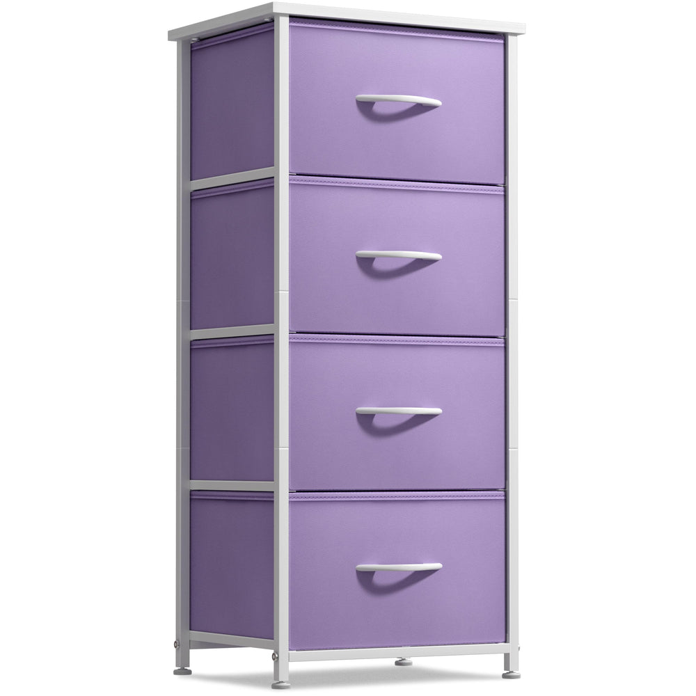 Sorbus dresser storage tower purple wood-top shows compact bedroom storage for small spaces.