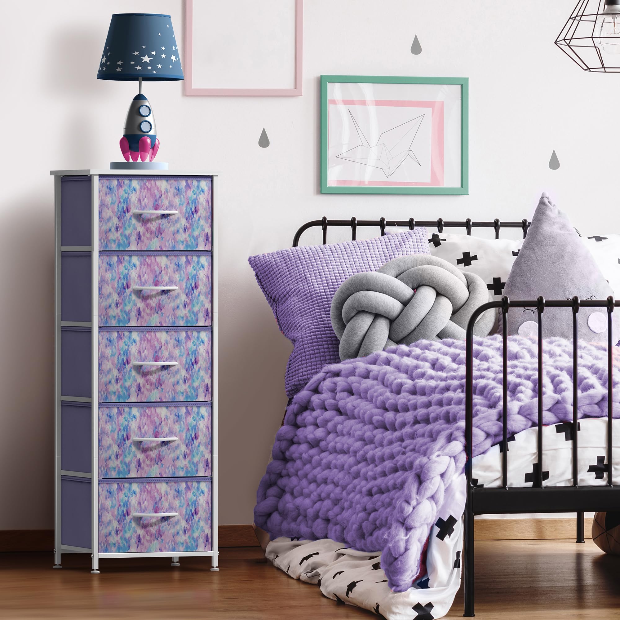 Sorbus fabric dresser 5-drawer close-up shows durable fabric bins for organized clothing.