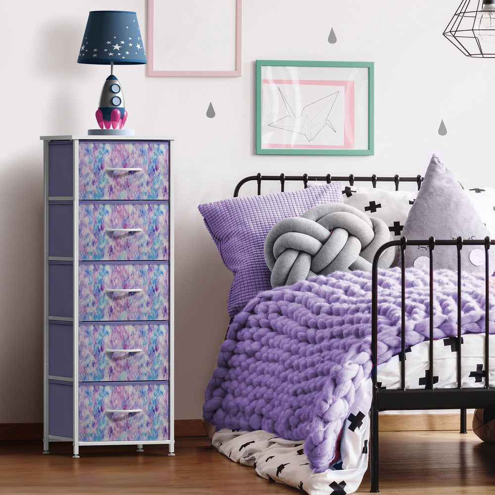 Sorbus fabric dresser 5-drawer close-up shows durable fabric bins for organized clothing.