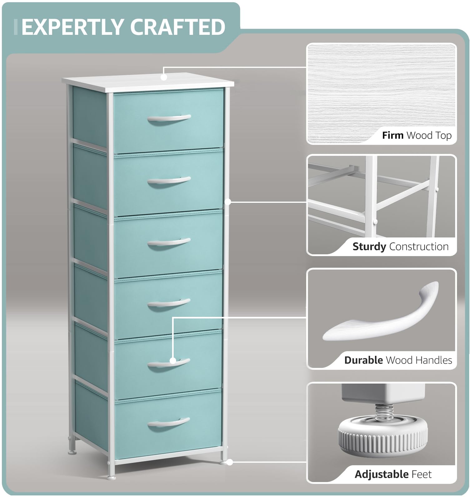 Sorbus fabric dresser aqua close-up fabric drawers showing durability