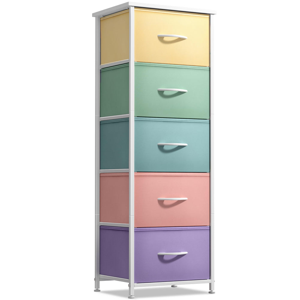 Sorbus fabric dresser pastel 5-drawer front showing organized kids' clothing storage