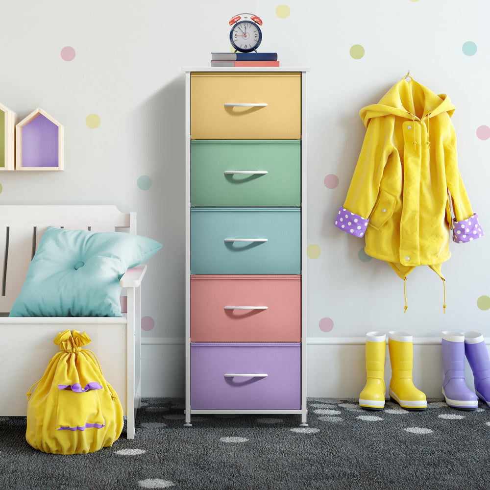 Sorbus fabric dresser pastel room setting demonstrates modern nursery organization