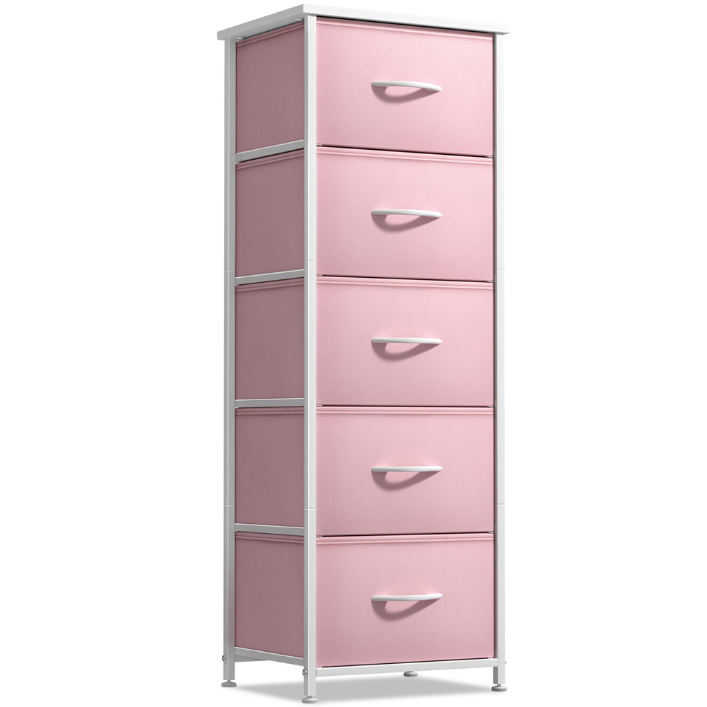 Sorbus fabric dresser pink top surface for easy bedside organization.